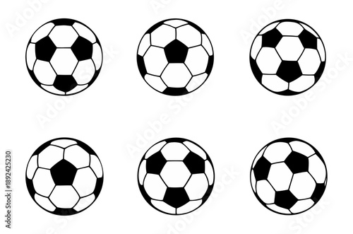 Set of classic black and white soccer balls with different panel layouts, isolated on white background. Concept of football match, sports training, championship and teamwork.