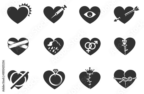 Twelve black heart silhouette icons with love, health and heartbreak symbols-syringe, bandage, eye, rain cloud, gender signs, ring, crown, rope and cracked hearts-isolated on white.