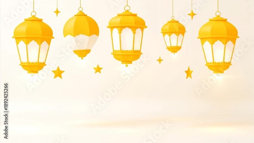 Hanging lanterns illuminate a warm interior during the day with copy space