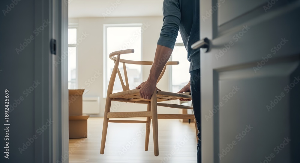 Fototapeta premium Carrying Wooden Chair Into New Apartment During Home Relocation