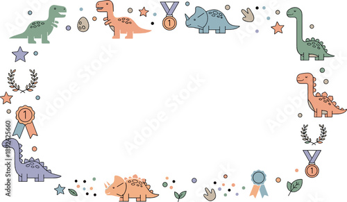 Cute dinosaur certificate frame with medals, stars, laurels, eggs, and colorful prehistoric characters for kids awards and achievements