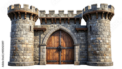 Front view of medieval stone castle gate with wooden door and towers, J (2122).png reference