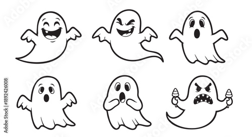 Set of six cartoon ghost characters with different facial expressions