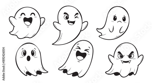 Set of six cartoon ghost characters with different facial expressions