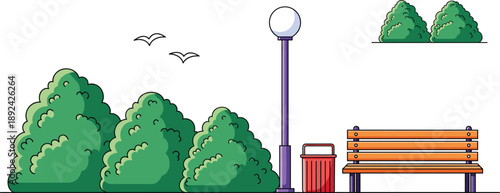 City park landscape with bushes, bench, street lamp, trash bin and birds, flat vector illustration design