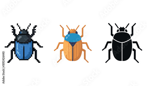 Colorful bugs set: pixelated blue, orange-blue cartoon, black silhouette