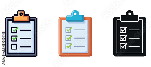 Three colorful clipboards with checklists and check marks side by side