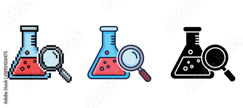 Pixel, outline, and silhouette chemistry icons: flask and magnifying glass