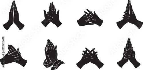 Various Praying Hand Gestures in Black Silhouette on White