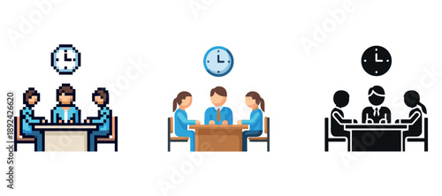 Team meeting icons: pixel, flat, and outline style variations
