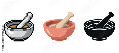 Three mortar and pestle designs: pixel art, cartoon, silhouette