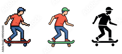 Pixel, cartoon, and silhouette skateboarder depictions in action