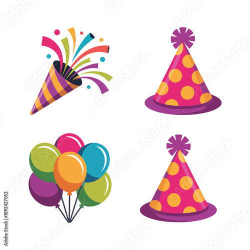 Party hats streamers and balloon bouquet vector set for birthday bash flyer, New Year event poster, celebration marketing materials