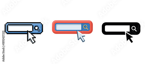 Set of colorful search bars with cursor icons illustrating internet browsing