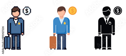 Young caucasian male cartoon business travelers with luggage and dollar signs