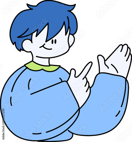 Happy cartoon boy clapping hands in blue shirt