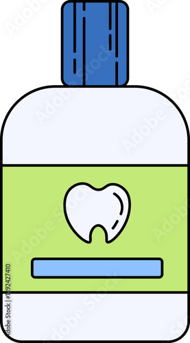 Toothpaste bottle with green label and blue cap