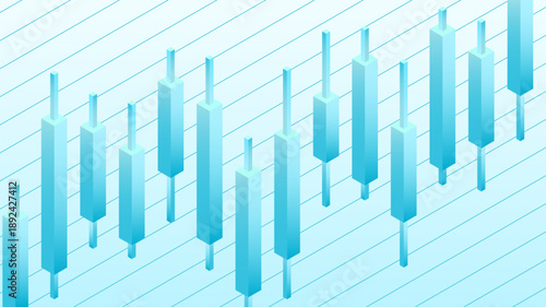 Abstract blue 3D candlestick chart pattern on diagonal striped background