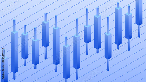 Candlestick chart in blue tones with diagonal lines, representing financial data analysis and market trends