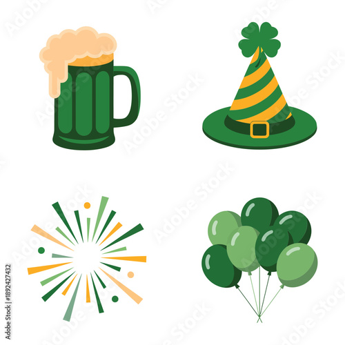 Beer mug with foam, party hat, fireworks, balloons, Saint Patricks Day celebration vector for pub night poster, parade flyer, invitation.