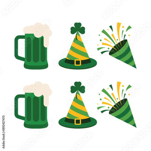 Two beer mugs, leprechaun hats and confetti set, Saint Patricks Day vector for party invitation, flyer design, pub celebration graphic.