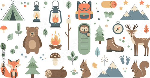 Cute camping and outdoor adventure vector set with forest animals, tents, lanterns, campfire, hiking gear, mountains, and nature elements