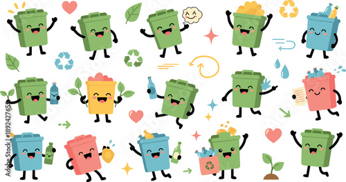 Cute colorful recycling trash bin character vector set with eco-friendly emotions, waste sorting, sustainability icons, and environmental cartoon illustrations