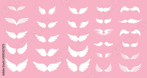 White angel or bird wings. Set of cute symbols. Wings tattoo. Simple white color icons. Wings for design. Love, romance vector icons. For gifts, Valentine's Day, birthday, party decoration, cards