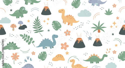 Cute dinosaur seamless pattern vector with volcanoes, tropical leaves, flowers, clouds, and prehistoric animals in soft pastel cartoon style