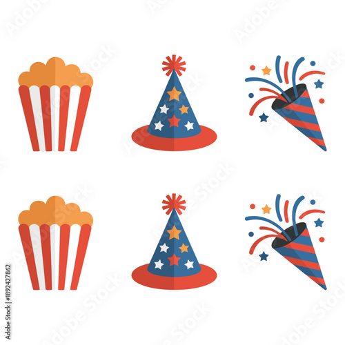 Party celebration elements with popcorn, cone hats and exploding confetti poppers, colorful vector icon set for birthday, carnival design