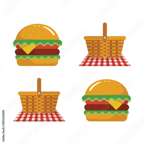 Grilled burger and hot dog with picnic basket icons, summer barbecue food vector collection for outdoor party, holiday celebration design