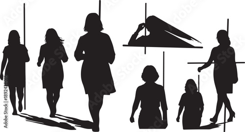 Silhouettes of women in various poses and outfits walking