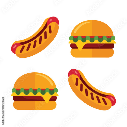 Fast food icons set with juicy burger and hot dog, tasty snack vector illustration for picnic menu, diner poster design