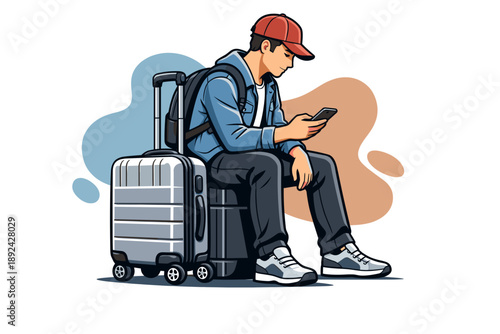 Young man with luggage using smartphone waiting for travel.