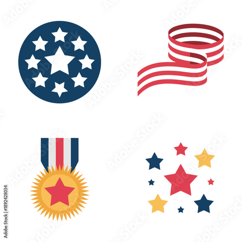 Patriotic medal and ribbon icon set vector for independence day celebration, award certificate design, honor ceremony, national holiday graphics