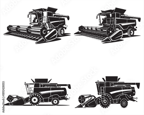 Combine Harvester Vector Illustration, Agricultural Farming Machine, Vintage Farm Equipment Design
