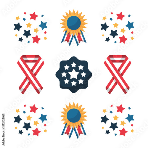 Festival medal, ribbon and firework badge vector set for patriotic parade poster, memorial day celebration, award design elements graphic