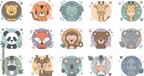 Cute baby animal face badge set with lion, tiger, elephant, panda, fox, giraffe, and soft pastel safari cartoon icons