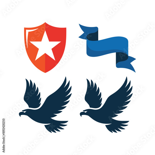 Heraldic shield, ribbon banner and flying eagle vector icons for patriotic brand emblem, security logo, independence celebration graphics design