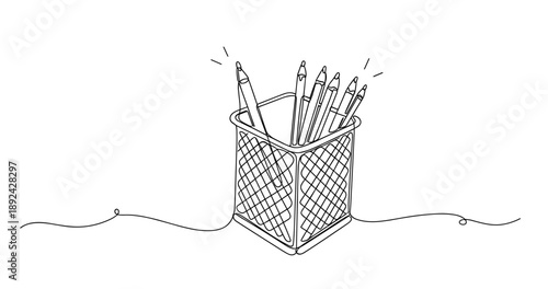 Hand-drawn pen holder with multiple pens in a mesh container. Non editable stroke