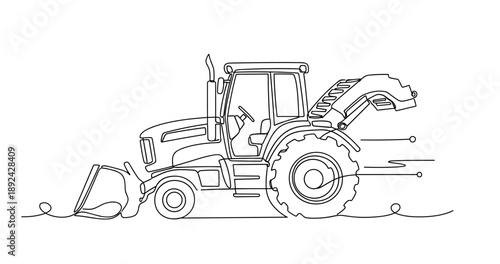 Line art design of a tractor with front loader in continuous stroke style. Non editable stroke