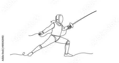 Line art of fencer in protective gear posing with epee sword. Non editable stroke