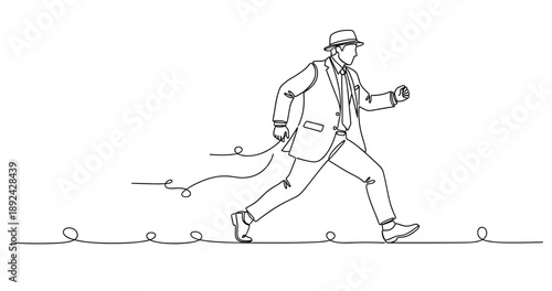 Line art: caucasian male adult in suit running with hat and tie. Non editable stroke