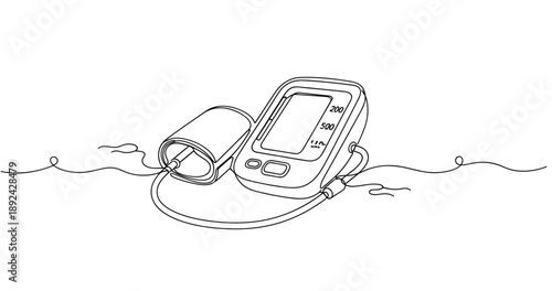 Digital blood pressure monitor illustration with arm cuff in minimalist line art. Non editable stroke