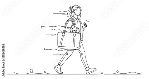 Line art of young caucasian female walking with large bag and ponytail. Non editable stroke