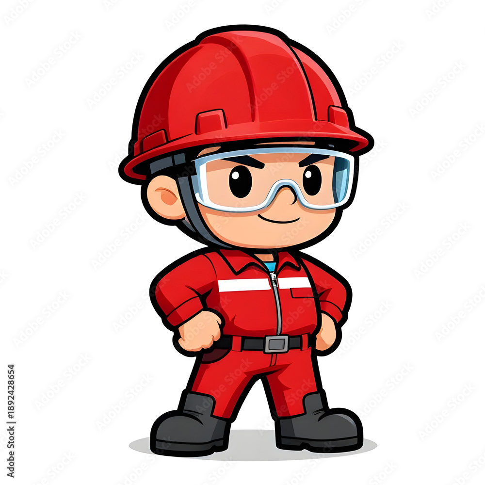 Fototapeta premium Cartoon CHIBI style construction worker. Active working posture. Ideal icon for logo, badge, branding, company mascot.