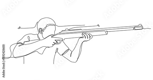 Continuous line art of male aiming rifle. Non editable stroke