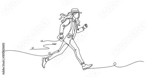Line art of female in hat walking gracefully with flowing hair. Non editable stroke