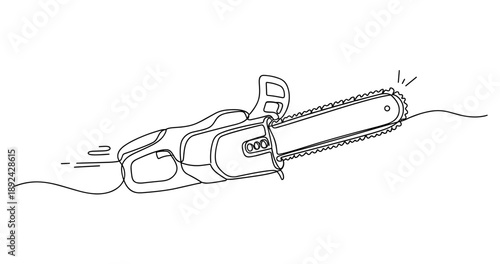 Line art illustration of a chainsaw with dynamic motion lines. Non editable stroke