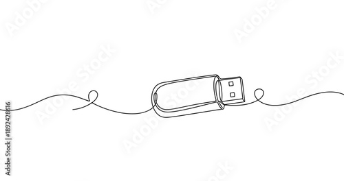 Minimalist usb flash drive illustration with swirling cable design. Non editable stroke